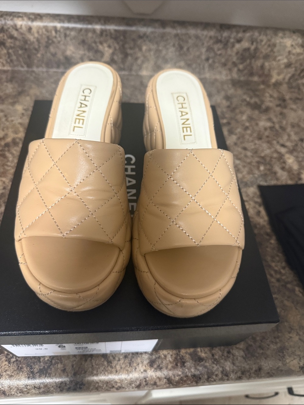 CHANEL Quilted Tan Leather Slide Mules 39.5